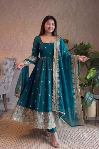  teal blue zari embroidered silk anarkali suit set with dupatta
