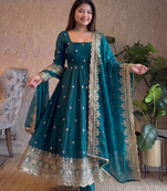  teal blue zari embroidered silk anarkali suit set with dupatta