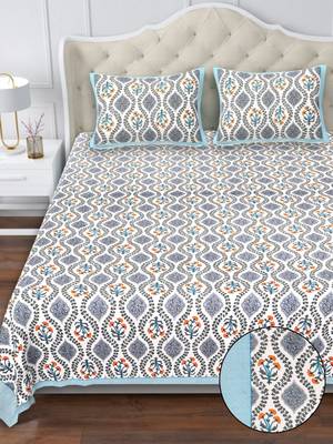 White blue floral print pure cotton king size bedsheet with 2 pillow covers 2