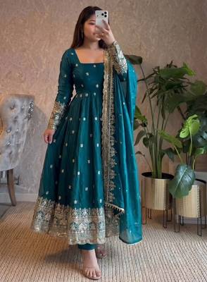  teal blue zari embroidered silk anarkali suit set with dupatta 2