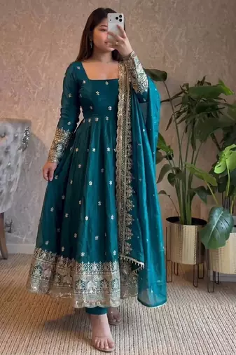  teal blue zari embroidered silk anarkali suit set with dupatta