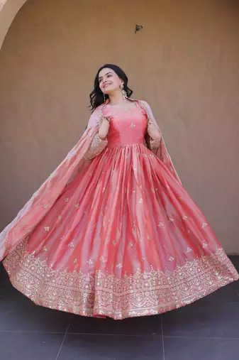Peach silk readymade anarkali suit with embroidery & zari sequin  work