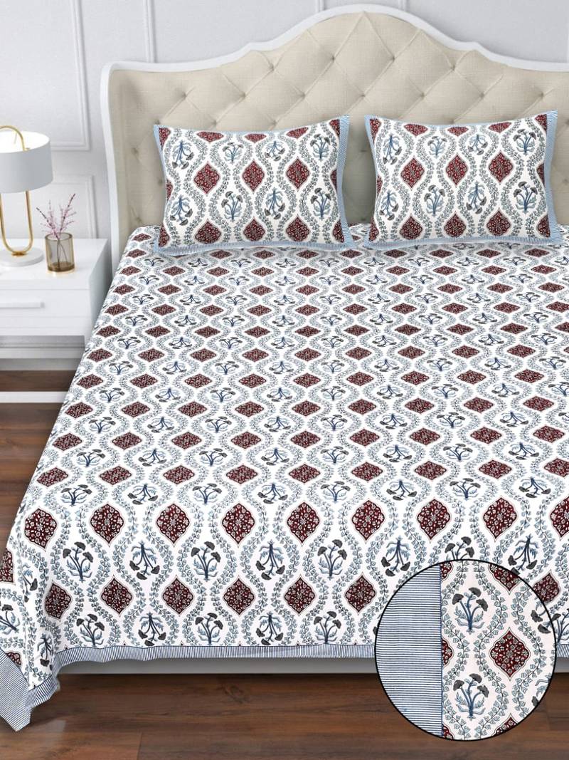White maroon floral pure cotton king size bedsheet set with pillow covers
