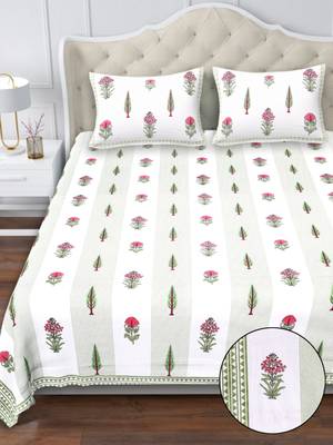 White pink floral pure cotton king size bedsheet set with pillow covers 2