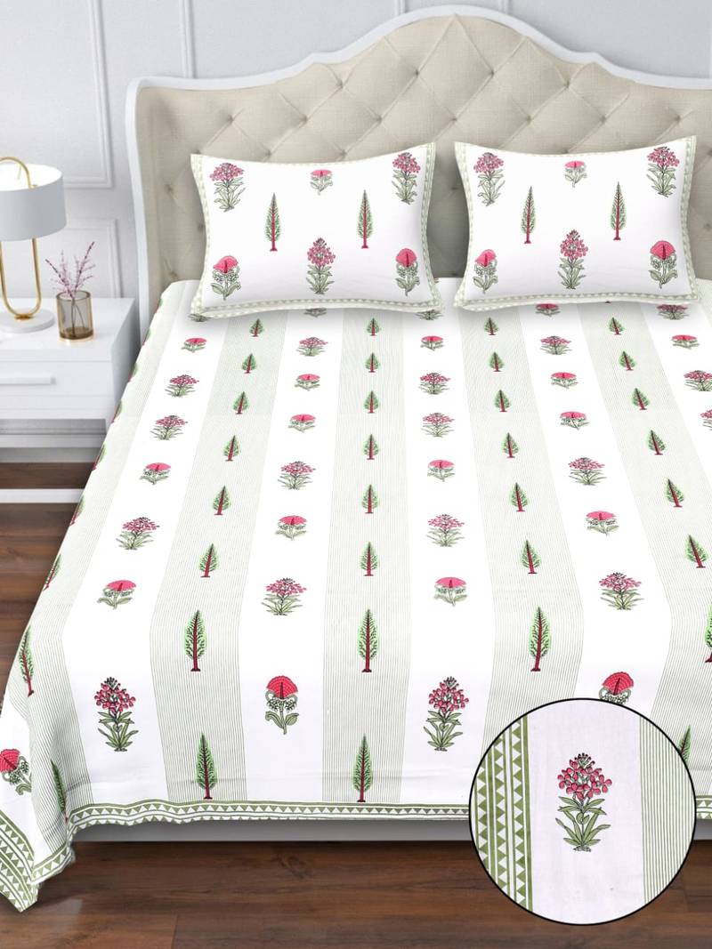 White pink floral pure cotton king size bedsheet set with pillow covers