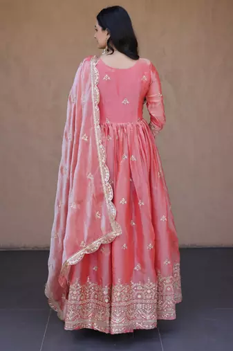 Peach silk readymade anarkali suit with embroidery & zari sequin  work