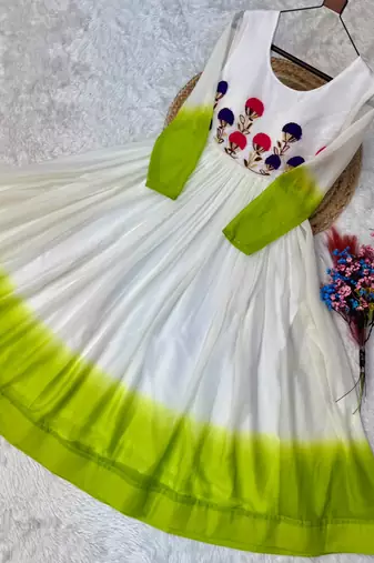 Green&white georgette readymade anarkali suit with embroidery threading work