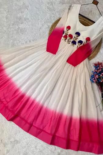 Pink&white georgette readymade anarkali suit with embroidery threading work