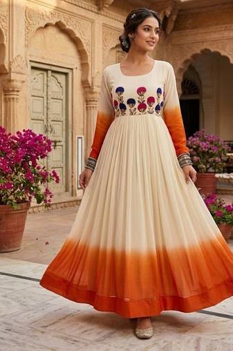 Orange&white georgette readymade anarkali suit with embroidery threading work