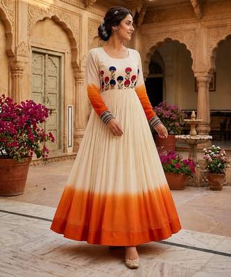 Orange&white georgette readymade anarkali suit with embroidery threading work 2