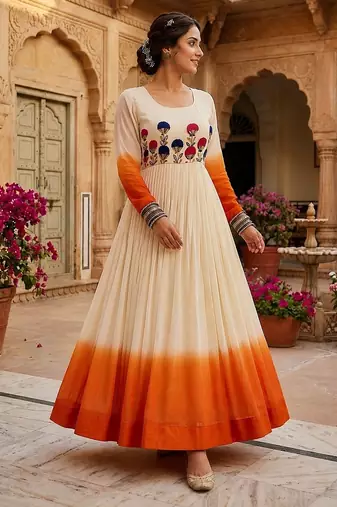 Orange&white georgette readymade anarkali suit with embroidery threading work