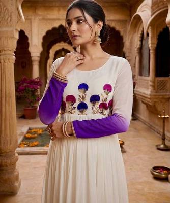 Purple&white georgette readymade anarkali suit with embroidery threading work 2