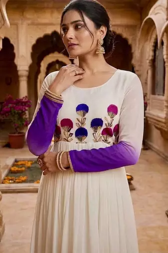 Purple&white georgette readymade anarkali suit with embroidery threading work