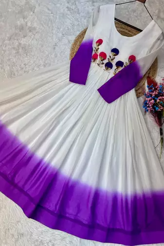 Purple&white georgette readymade anarkali suit with embroidery threading work