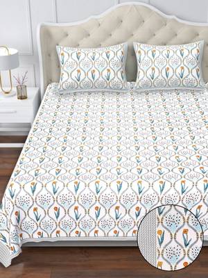 White blue floral print pure cotton king size bedsheet with 2 pillow covers 1