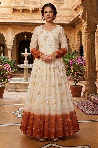Brown&white silk readymade anarkali suit with embroidery & sequin  work