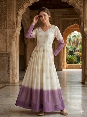 Lavender&white silk readymade anarkali suit with embroidery & sequin  work 1