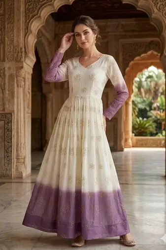 Lavender&white silk readymade anarkali suit with embroidery & sequin  work