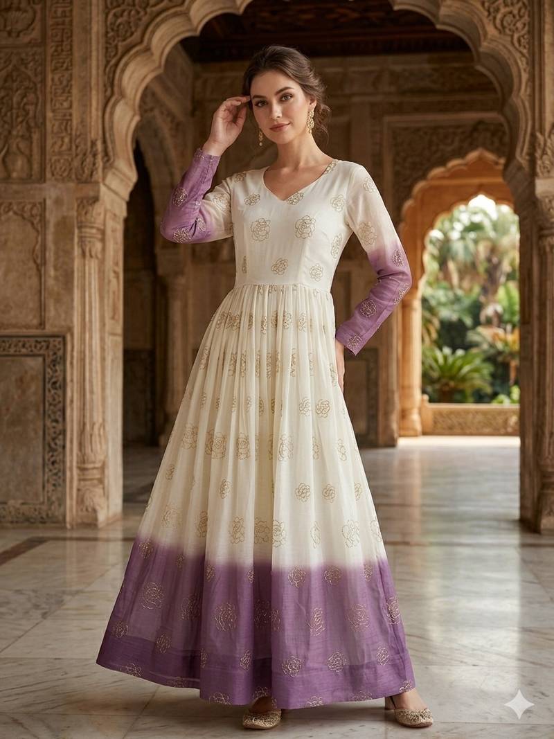 Lavender&white silk readymade anarkali suit with embroidery & sequin  work