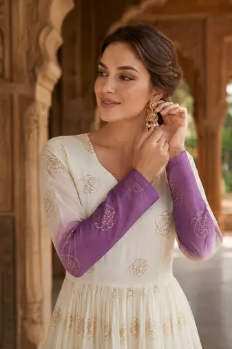Lavender&white silk readymade anarkali suit with embroidery & sequin  work