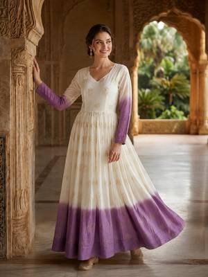 Lavender&white silk readymade anarkali suit with embroidery & sequin  work 3