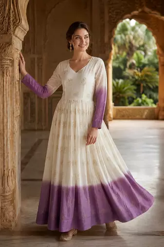 Lavender&white silk readymade anarkali suit with embroidery & sequin  work
