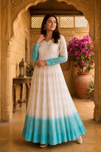 Blue&white silk readymade anarkali suit with embroidery & sequin  work