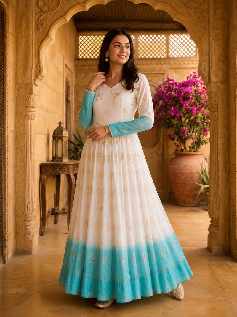 Blue&white silk readymade anarkali suit with embroidery & sequin  work