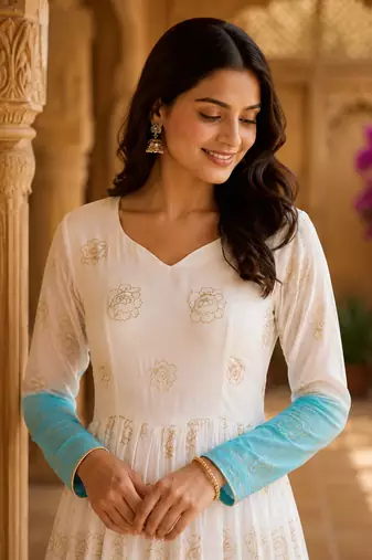 Blue&white silk readymade anarkali suit with embroidery & sequin  work