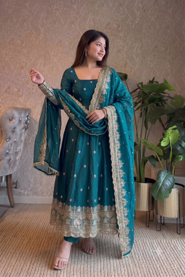  teal blue zari embroidered silk anarkali suit set with dupatta 3