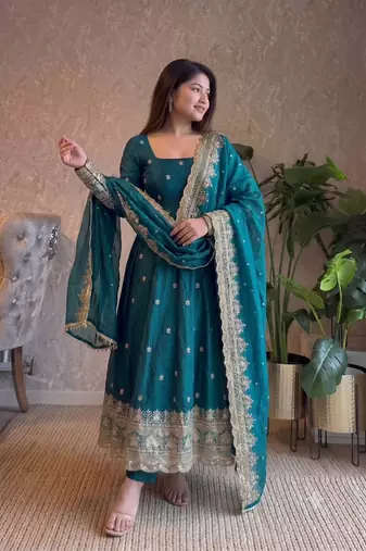  teal blue zari embroidered silk anarkali suit set with dupatta
