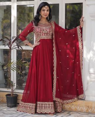 Red faux georgette readymade anarkali suit with embroidery & zari work 2