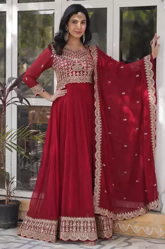 Red faux georgette readymade anarkali suit with embroidery & zari work