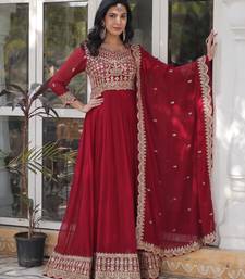 Red faux georgette readymade anarkali suit with embroidery & zari work