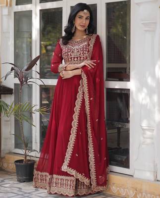 Red faux georgette readymade anarkali suit with embroidery & zari work 4