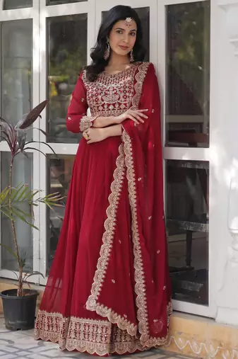 Red faux georgette readymade anarkali suit with embroidery & zari work