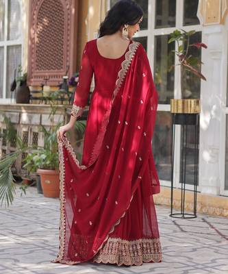 Red faux georgette readymade anarkali suit with embroidery & zari work 5