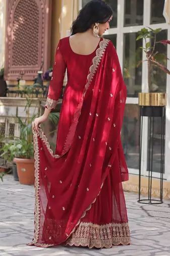 Red faux georgette readymade anarkali suit with embroidery & zari work