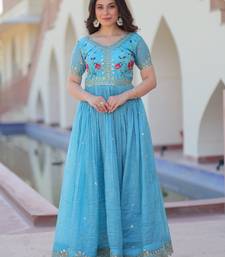 Blue Silk Readymade Anarkali Suit with Embroidery & Zari Sequence Work