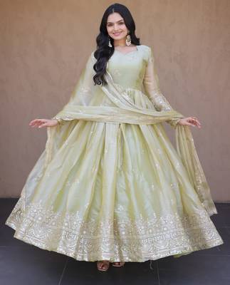 Green silk readymade anarkali suit with embroidery & zari sequin  work 4