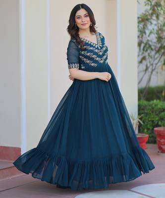 Navy faux georgette readymade anarkali suit with embroidery & beads work 5