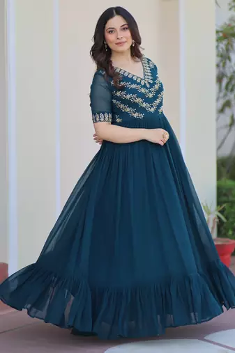 Navy faux georgette readymade anarkali suit with embroidery & beads work