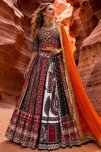 Multicolor Navratri Designer Digital Print Lehenga Choli Set with Mirror Work