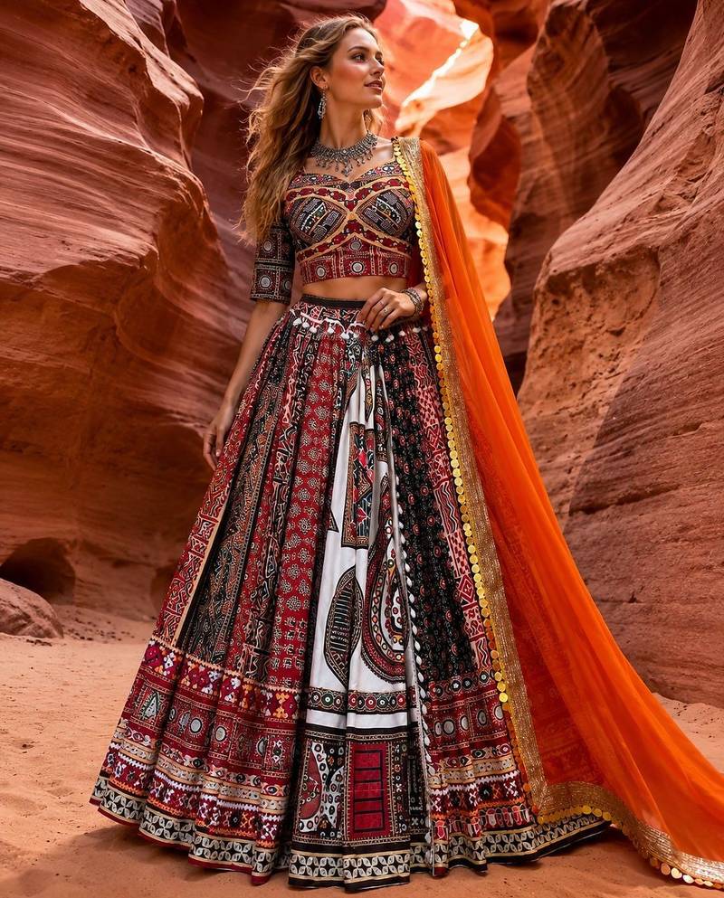 Multicolor Navratri Designer Digital Print Lehenga Choli Set with Mirror Work