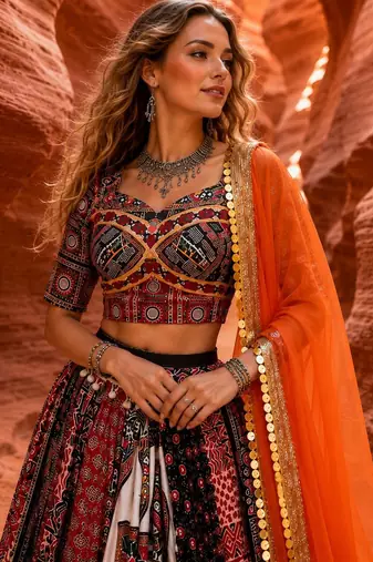 Multicolor Navratri Designer Digital Print Lehenga Choli Set with Mirror Work