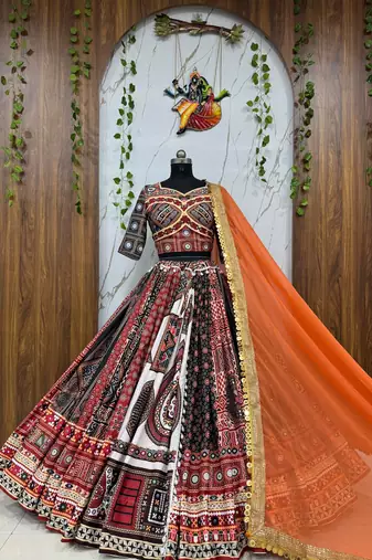 Multicolor Navratri Designer Digital Print Lehenga Choli Set with Mirror Work