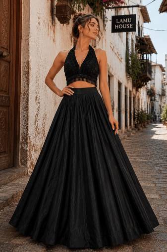 Black Fancy Pearl & Beads Work H.O Silk lend Lehenga Set