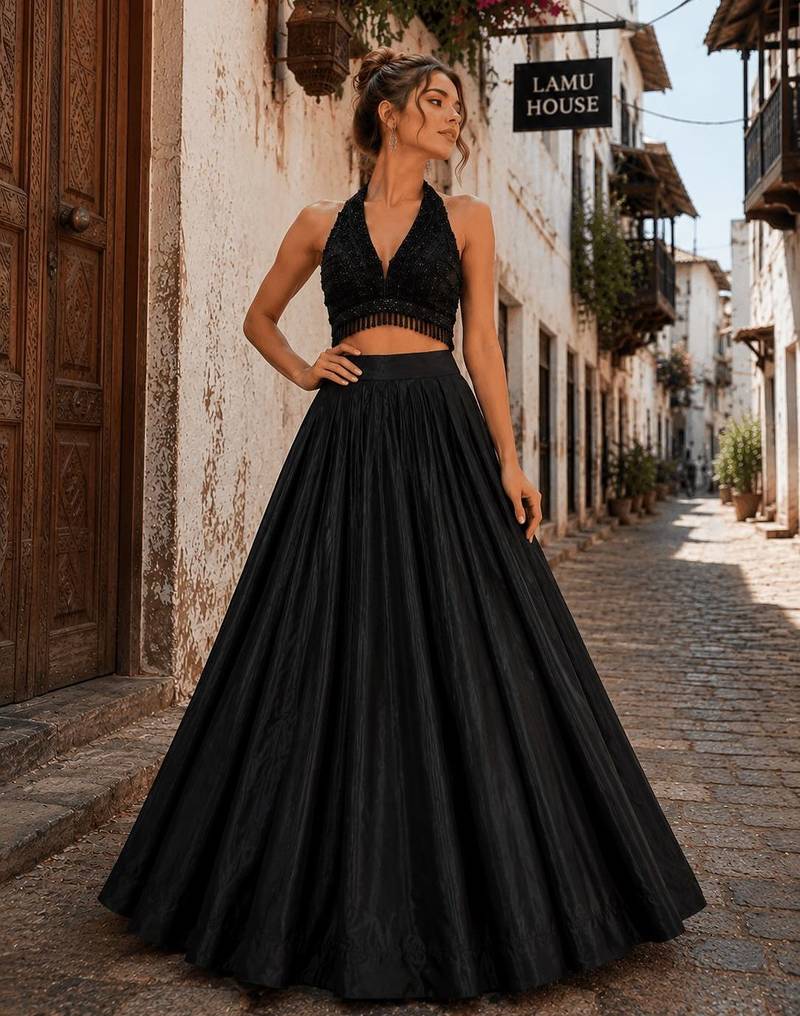 Black Fancy Pearl & Beads Work H.O Silk lend Lehenga Set