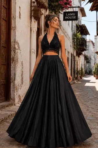 Black Fancy Pearl & Beads Work H.O Silk lend Lehenga Set