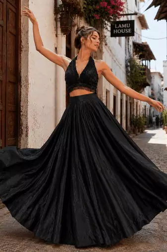 Black Fancy Pearl & Beads Work H.O Silk lend Lehenga Set